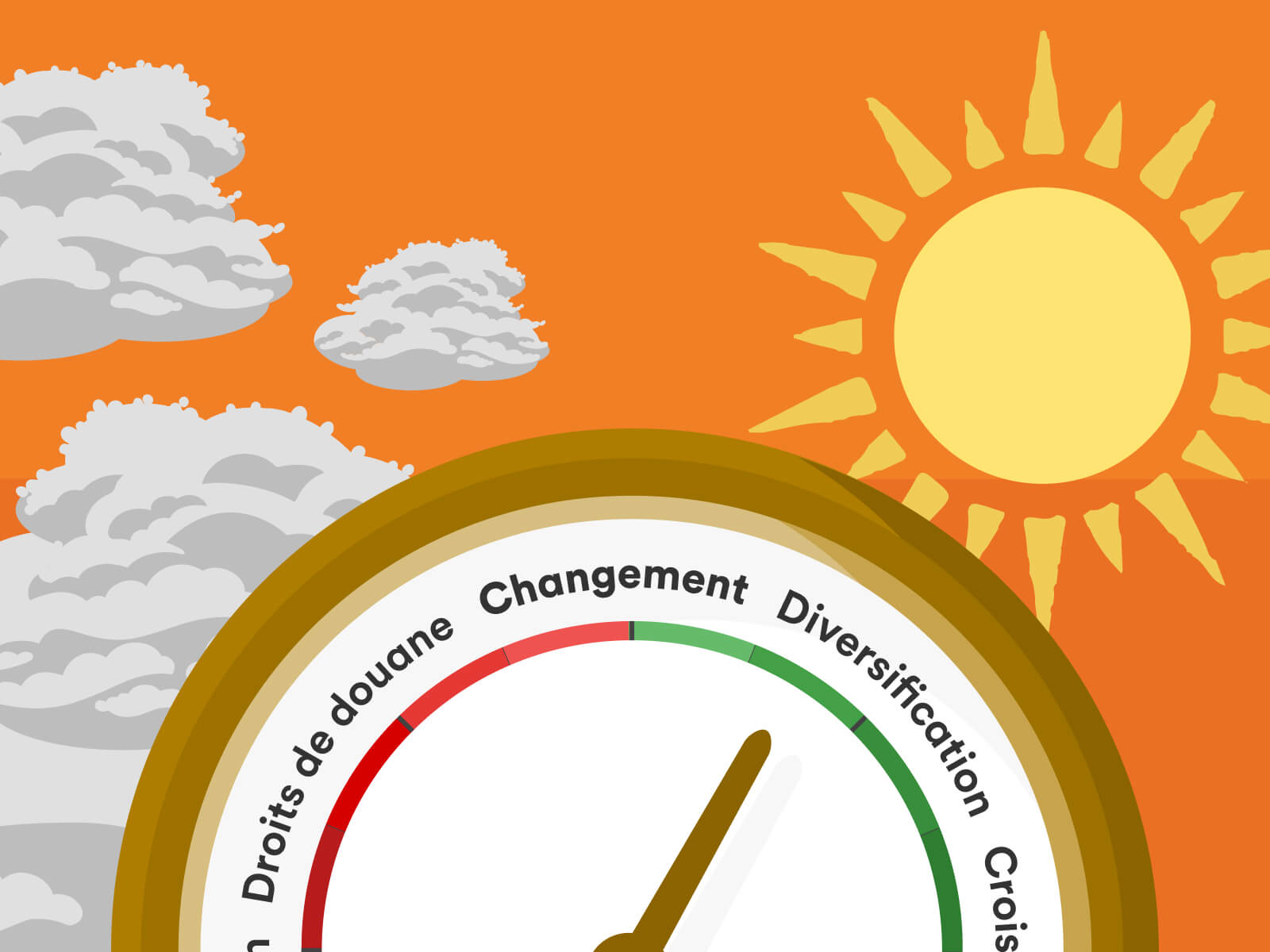 Illustration d’un baromètre avec le mot « changement » au milieu. Sur la gauche, on peut voir des nuages ainsi que les mots « tarifs » et « inflation ». Sur la droite, on peut voir un soleil ainsi que les mots « diversification » et « croissance ».